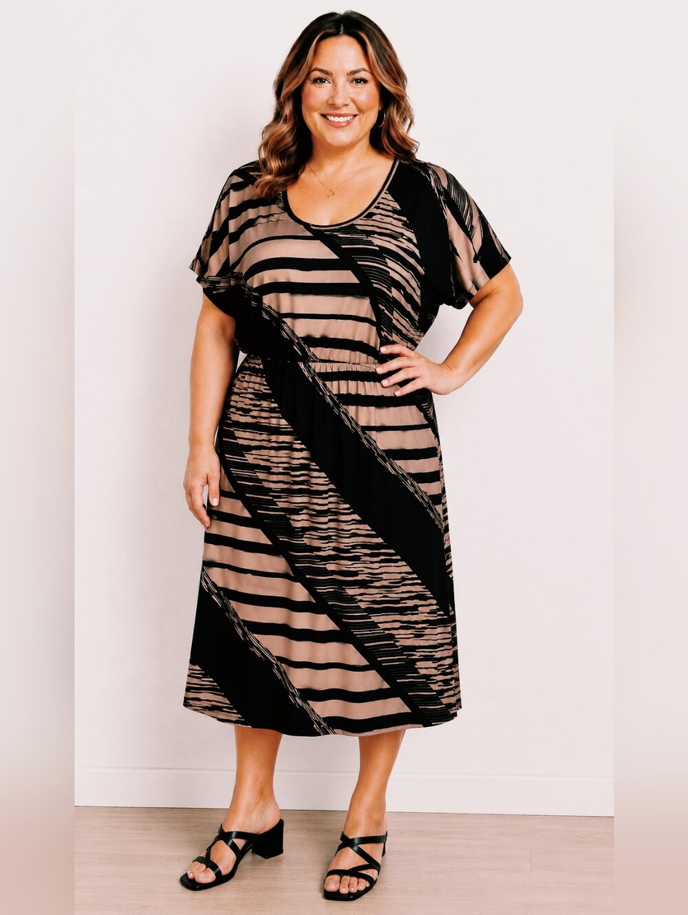 Agenda Plus Size Black & Tan Asymmetrical Striped Midi- Dress, Size 2X